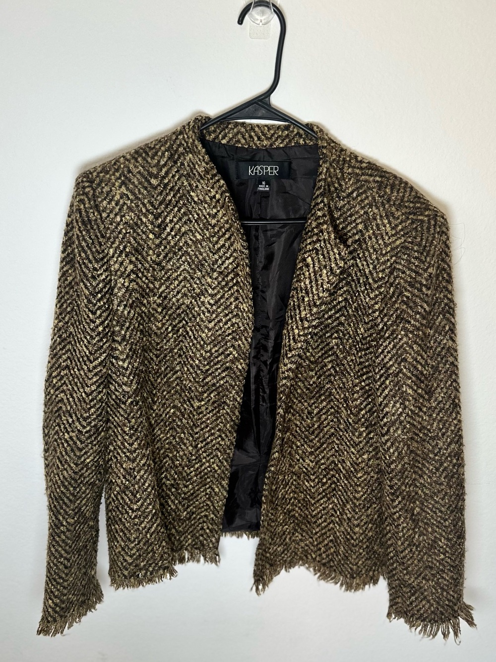 Kasper Brown Herringbone Fringe Open-Front Tweed Blazer